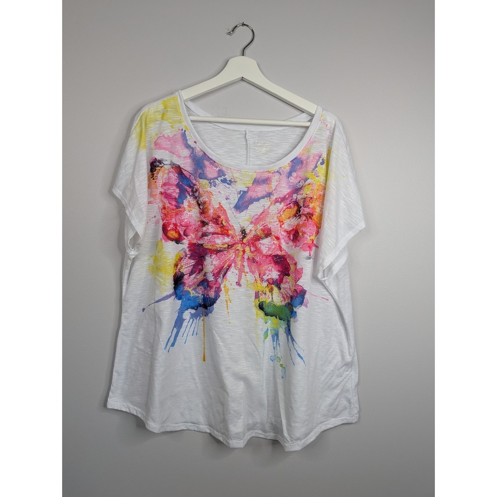 Lane Bryant Graphic Tee Womens 22/24 White Excellent Watercolor Butterfly Slub